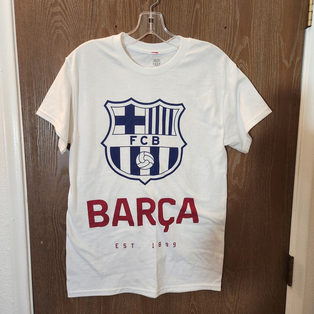 Official FC Barcelona Barça Logo T-Shirt White 100% Cotton Size Small